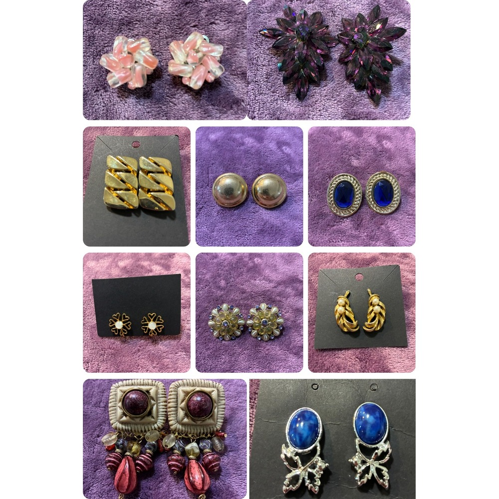 Vintage Clip On Earrings Lot 10 Pairs Floral Geometric Gold Pink Blue Purple